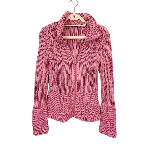 Women's Pink Cotton Blend High Neck Long Sleeve Knitted Front Zip Sweater Large - Picture 1 of 9